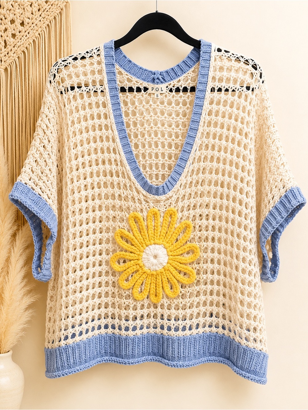 NEW POL Oversized Crochet Daisy Sweater Top Boho Beachy Open Knit Size Small - Picture 3 of 4